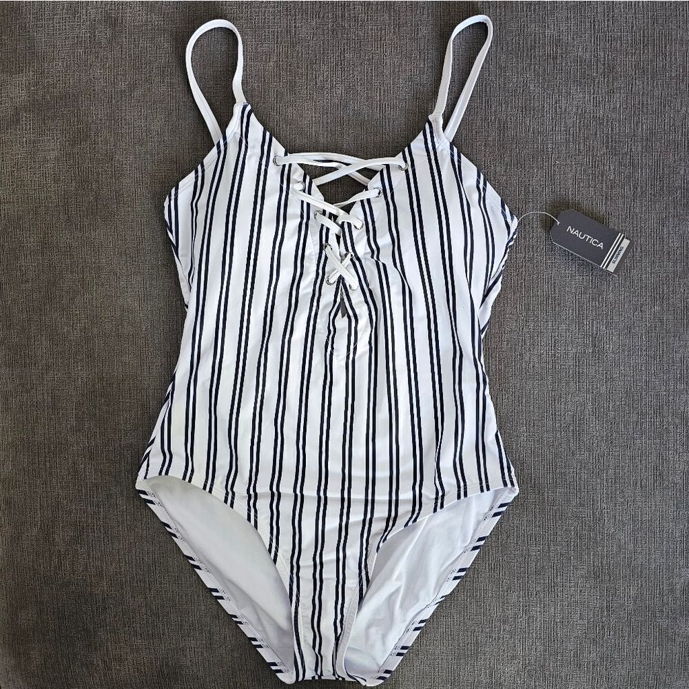 Nautica Cool white & navy Lace-Up Stripe Women's One Piece Swimsuit size Xlarge